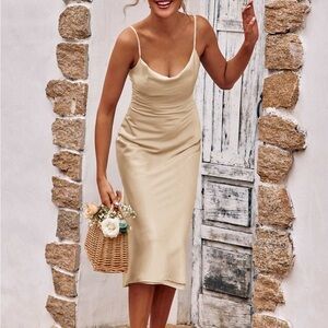 Stacees Champagne Cowl Neck Sleeveless Tea-Length Stretch Satin Bridesmaid Dress
